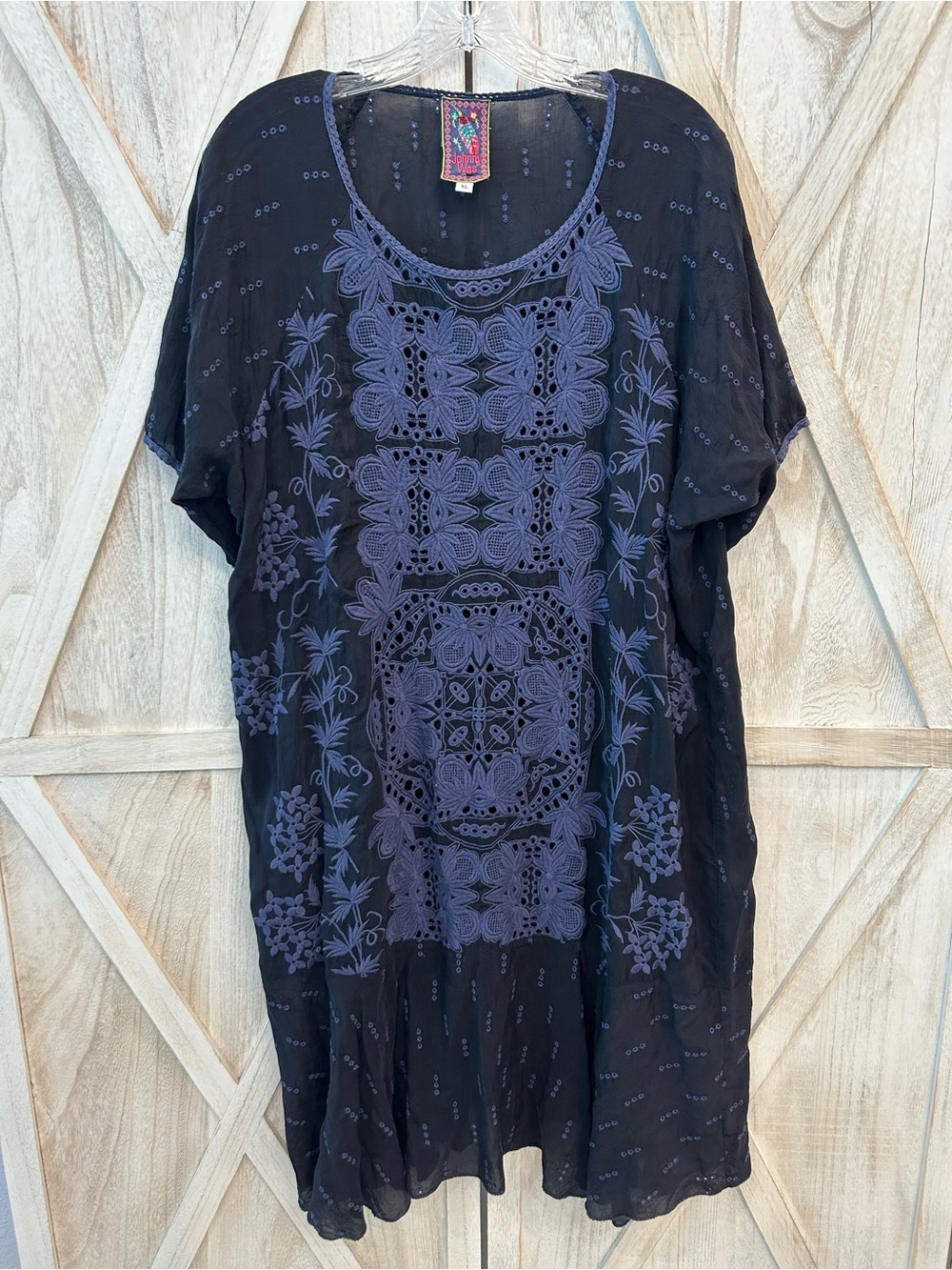 Johnny Was Navy Blue Embroidered Scoop-Neck Dress